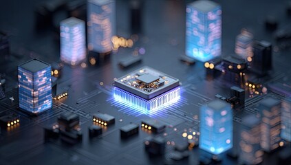 Abstract graphic of a central processing unit on a circuit board with glowing city structures