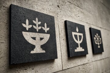 Obraz premium Minimalist Icon Panels On Concrete Wall Food Drink And Plant Symbols