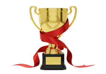 Golden trophy cup with red ribbon isolated PNG, award prize for winner and champion on transparent background, victory achievement concept