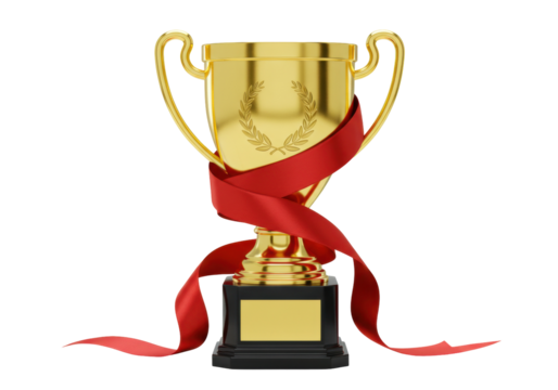Golden trophy cup with red ribbon isolated PNG, award prize for winner and champion on transparent background, victory achievement concept
