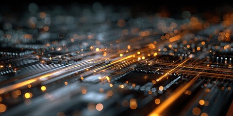 Abstract macro view of a circuit board with glowing pathways and light trails of data transferring