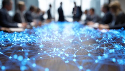 An abstract network overlays a wooden table where a blurred business meeting is in progress