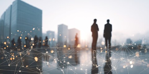Business people silhouetted against city skyline, with network connection overlay. Futuristic look