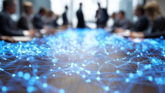 An abstract network overlays a wooden table where a blurred business meeting is in progress