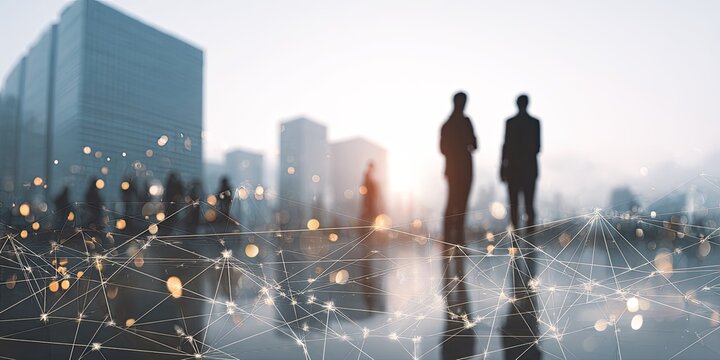 Business people silhouetted against city skyline, with network connection overlay. Futuristic look