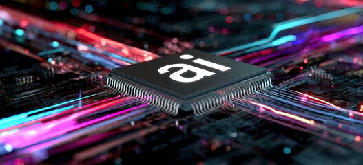 Central processor chip with "ai" on it amidst vibrant light trails, symbolizing technology and innovation