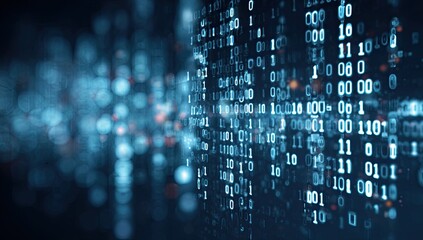 A close-up, digital-art style depiction of binary code, with bokeh effects and cool blue tones