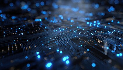A macro shot shows a dark circuit board with illuminated blue and gold elements