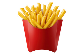 Golden french fries in red paper box isolated PNG, crispy potato sticks snack for fast food menu and restaurant use on transparent background