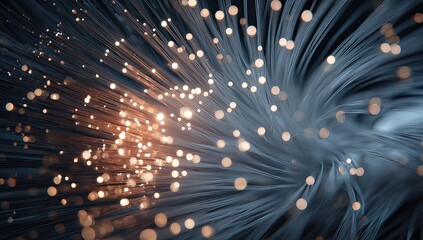 Close-up of illuminated, radiating fiber optics, with bokeh effect, in warm and cool tones