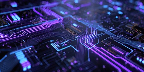Fototapeta premium A glowing, detailed macro shot of a circuit board with vibrant neon blue and purple traces