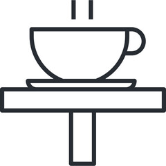 Simple Line Art Icon of a Steaming Coffee Cup on a Saucer and Stand Representing Beverage Service and Cafeteria Items in Black and White