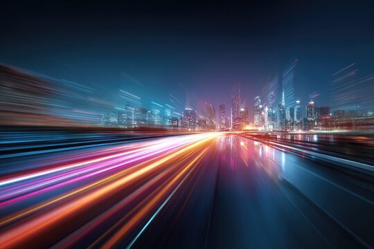 Long exposure captures blurred light trails speeding toward a nighttime cityscape