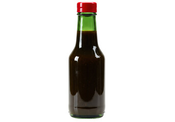 Dark brown sauce in green glass bottle isolated PNG, condiment for cooking and flavoring on transparent background