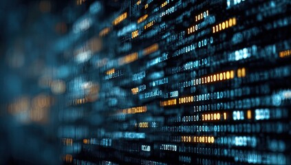 Abstract digital composition depicting binary code in shades of blue and orange, creating a tech vibe