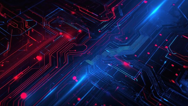Abstract rendering of electronic circuit board with neon-blue and red glow
