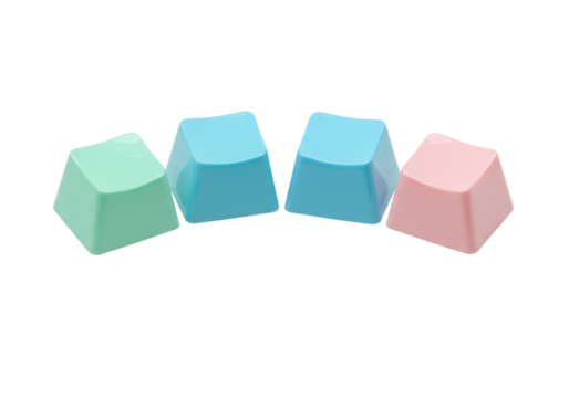 Pastel keycaps isolated PNG on transparent background, set of four colorful keyboard buttons for custom design and decoration