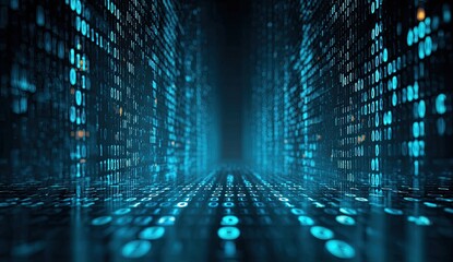 Tunnel composed of glowing blue digital code, creating an immersive data visualization