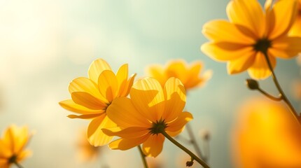 Close up shot of vibrant yellow flowers against a soft pastel colored background in bright sunlight