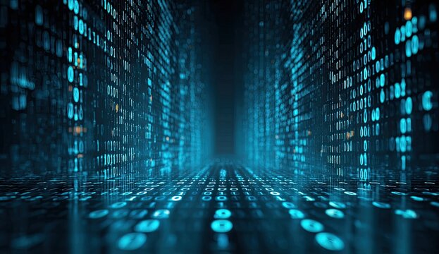 Tunnel composed of glowing blue digital code, creating an immersive data visualization