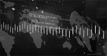 Displaying dotted world map showing rising vertical data bars on dashboard, with grid overlay