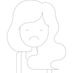 Minimalist Line Art Portrait of a Sad Woman with Wavy Hair and a Transparent Background Expressing Melancholy Emotion