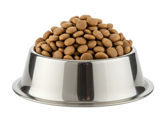 Dog food in a stainless steel bowl isolated PNG, nutritious pet kibble for canine diet on transparent background