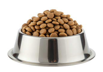Dog food in a stainless steel bowl isolated PNG, nutritious pet kibble for canine diet on transparent background