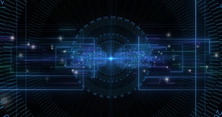 Emitting horizontal beam from blue orb in digital UI with frames, data lines, dial and particles