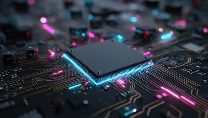 Close-up of a microchip on a circuit board with neon lights emanating from it