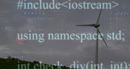 Towering tall wind turbine rotating on grassy hillside, with floating code snippets, copy space
