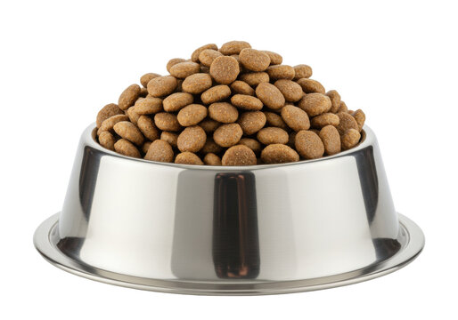 Dog food in a stainless steel bowl isolated PNG, nutritious pet kibble for canine diet on transparent background