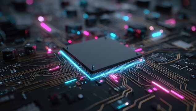 Close-up of a microchip on a circuit board with neon lights emanating from it