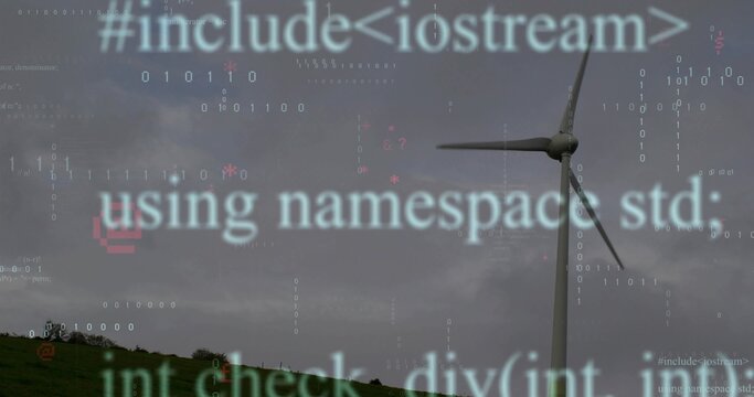 Towering tall wind turbine rotating on grassy hillside, with floating code snippets, copy space