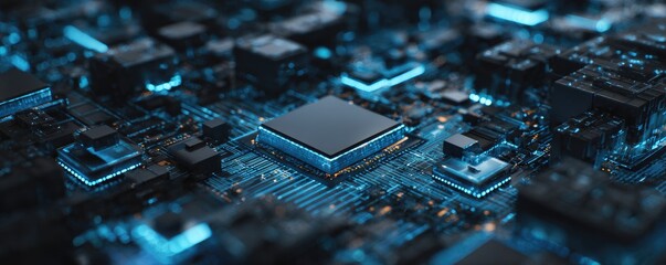 A macro shot of a motherboard, glowing blue. A central processor is highlighted, and detail is shown