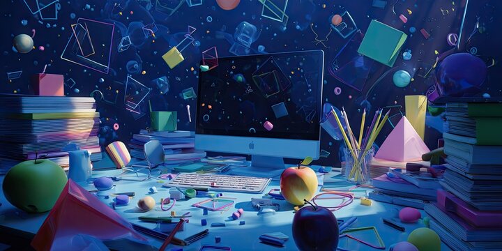 A cluttered desk with books, pencils, and a computer, scattered with geometric shapes and an apple