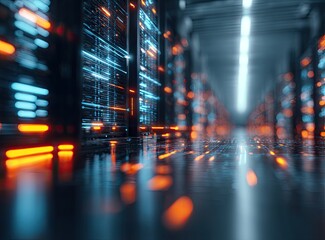 Futuristic server room with glowing orange/blue lights & blurred reflections, depicting advanced data infrastructure