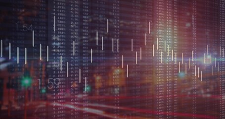 Candlestick chart overlaying night street scene, with stock columns, percentages, light trails