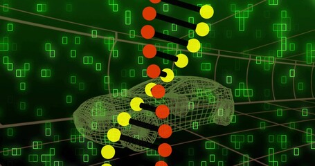Naklejka premium Floating wireframe automobile model drifting within dark grid, with neon green pixels, node column
