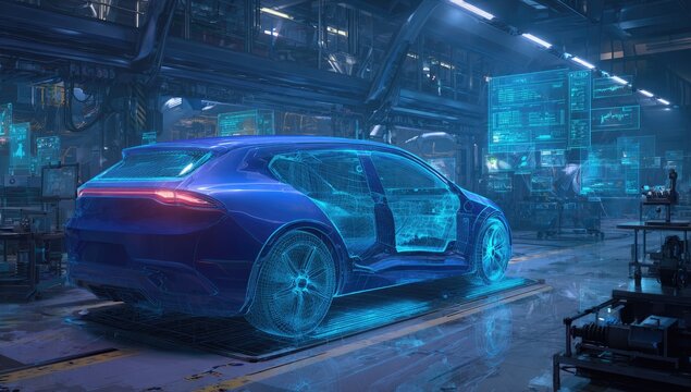 Futuristic car production scene with a blue vehicle illuminated by screens in a factory