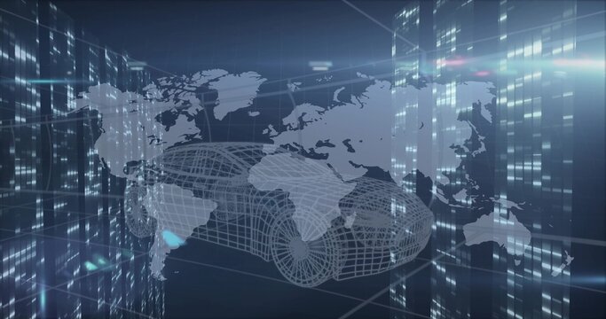 Displaying 3D wireframe car model in data grid, with data columns showing world map overlay
