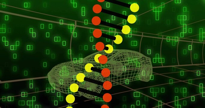 Fototapeta Floating wireframe automobile model drifting within dark grid, with neon green pixels, node column