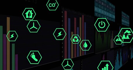 Displaying green hexagonal icons floating over dark control room dashboards, monitoring energy data