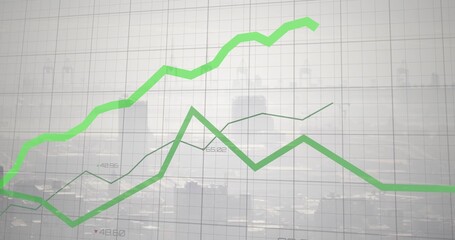 Obraz premium Displaying thick bright and thin dark green lines rising on grid axes over skyline, showing numbers