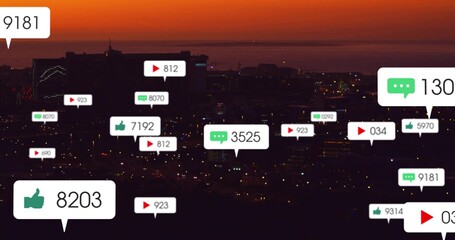 Floating social bubbles showing likes comment play counts over city skyline at dusk, digital theme