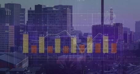 Overlaying bar columns and line graph with numbers over downtown skyline at dusk, visualization