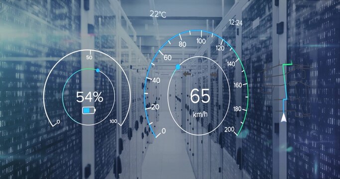 Displaying digital gauges over server racks in data center, showing capacity meter, speed and trend - Powered by Adobe