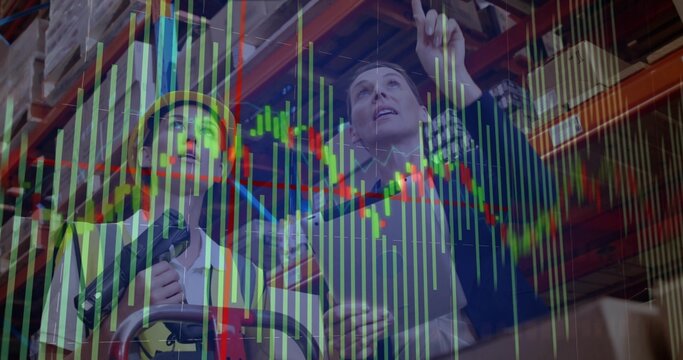 Warehouse team members checking inventory in warehouse aisle with pallet jack clipboard data charts