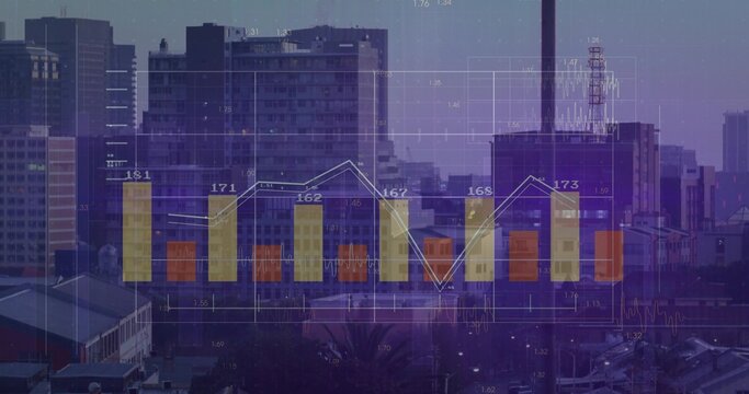 Overlaying bar columns and line graph with numbers over downtown skyline at dusk, visualization