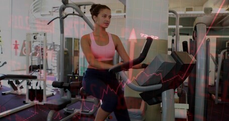 Exercising Hispanic woman in pink sports bra and leggings using elliptical at gym, with red overlay
